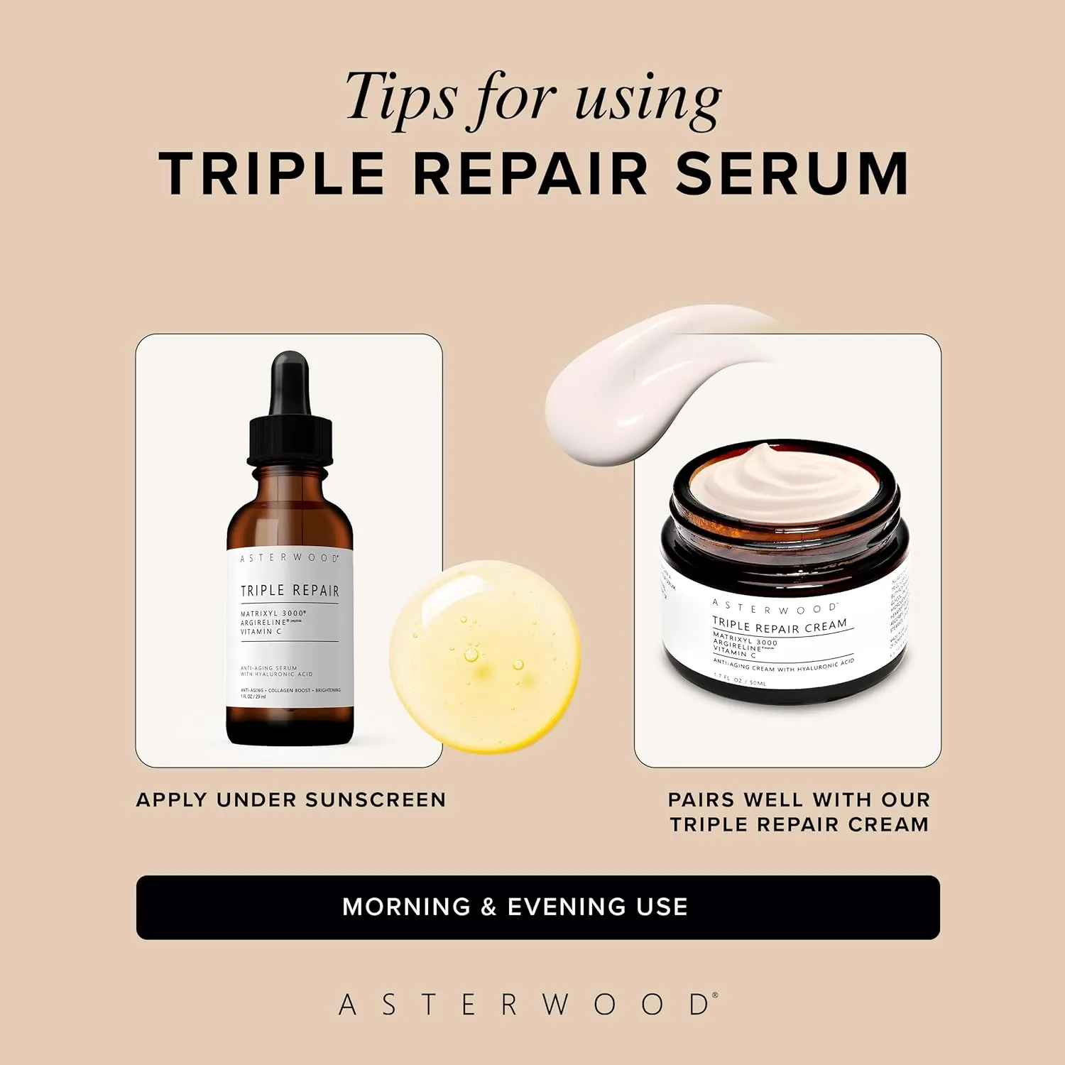 Asterwood Triple Repair Matrixyl 3000   Argireline   Hyaluronic Acid   Vitamin C Serum for Face - Anti-Aging, Collagen Boosting, Hydrating - Fragrance-Free - 1 Fl Oz