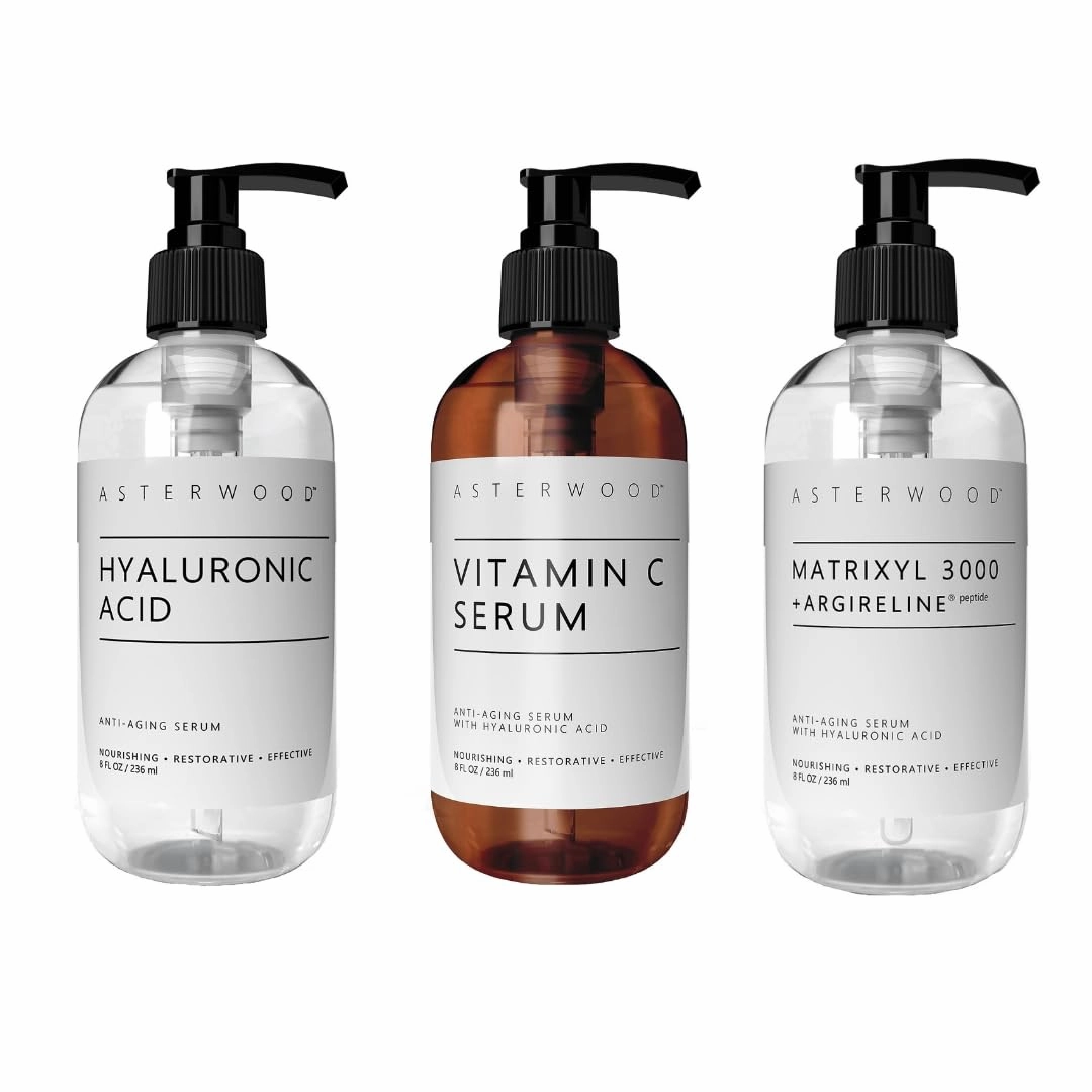 Asterwood Hyaluronic Acid Serum 8 oz   Vitamin C 8 oz   Matrixyl 3000 with Argireline Serum 8 oz