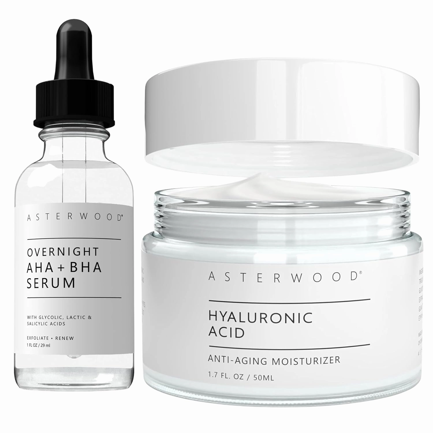 Asterwood Overnight AHA BHA Serum 1 oz   Hyaluronic Acid Moisturizer