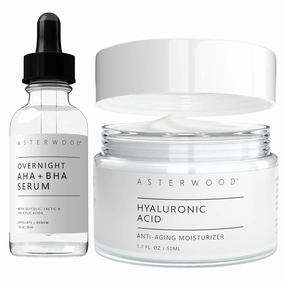 Asterwood Overnight AHA BHA Serum 1 oz   Hyaluronic Acid Moisturizer