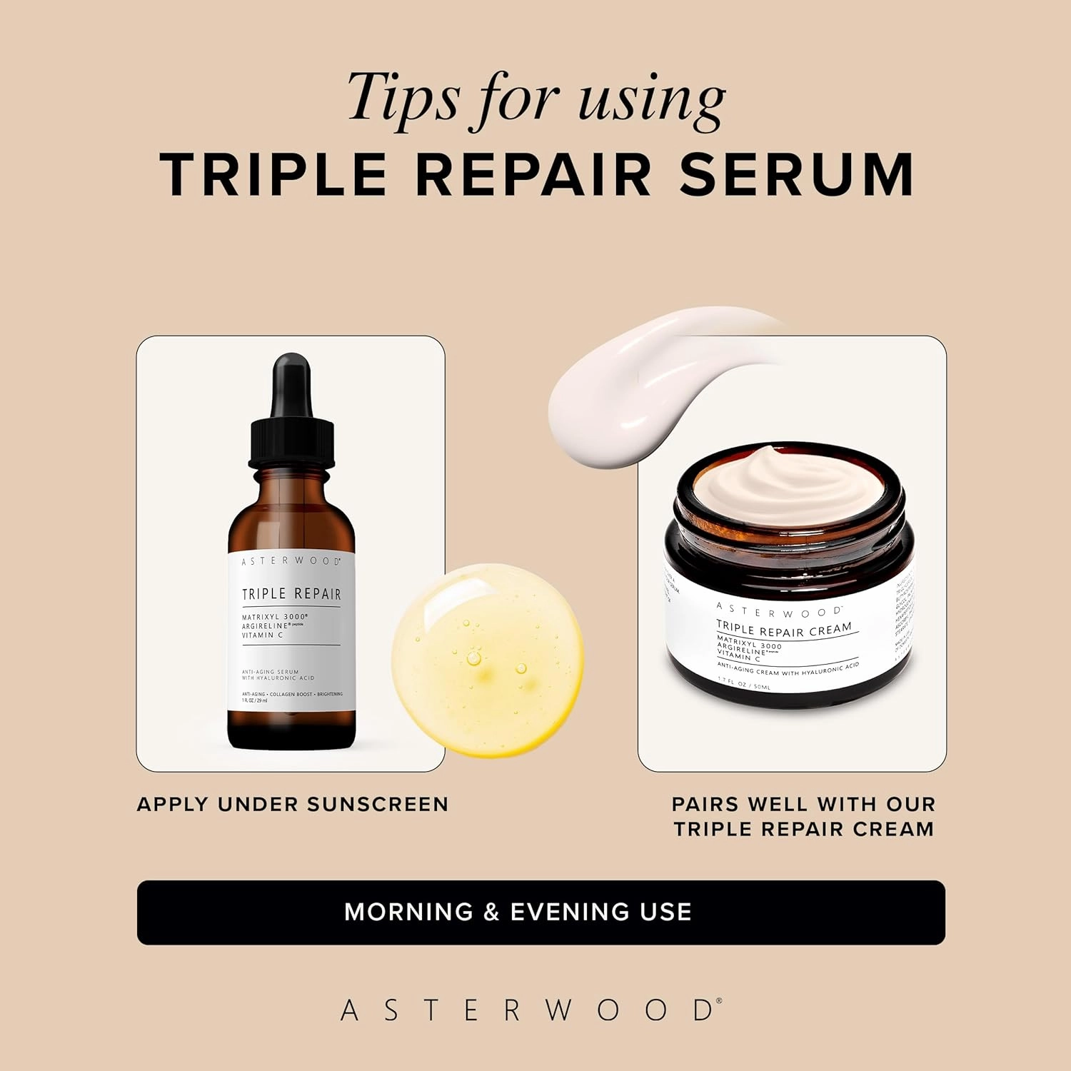 Asterwood Triple Repair Matrixyl 3000   Argireline   Hyaluronic Acid   Vitamin C Serum for Face - Anti-Aging, Collagen Boosting, Hydrating - Fragrance-Free - 4 Fl Oz
