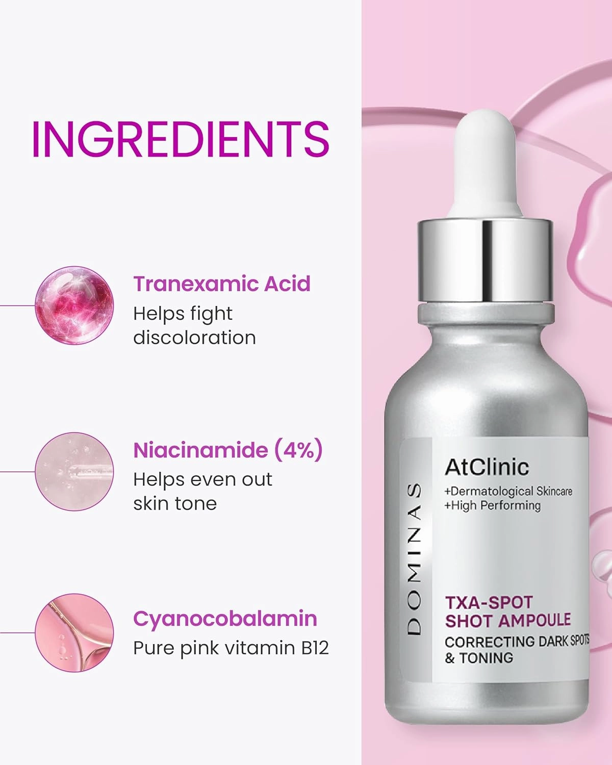 AtClinic DOMINAS Tranexamic Acid Pink Serum (1fl oz) - Improve Skin Tone and Hyperpigmentation, Ampoule for All Skin Types. Korean Skin Care. Niacinamide