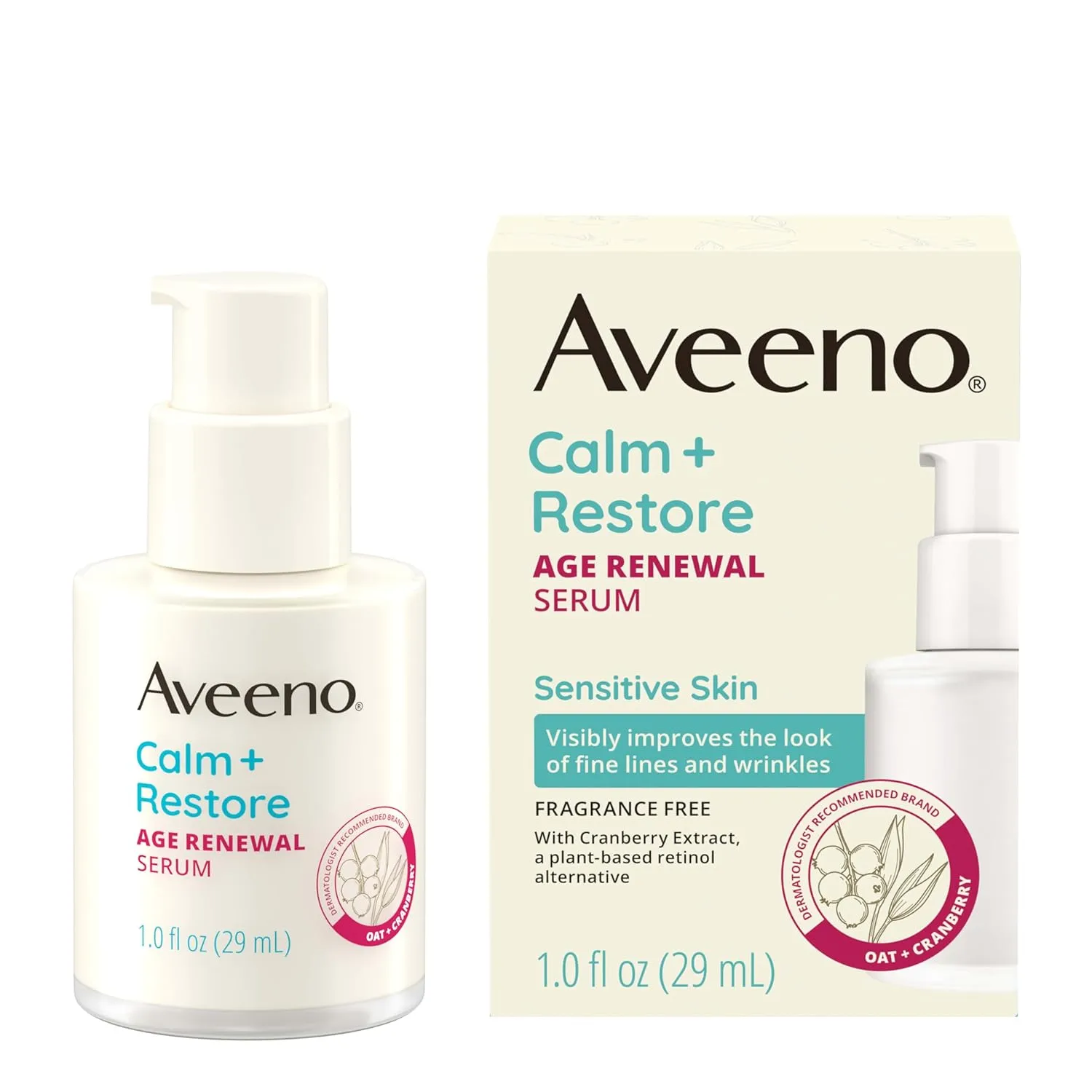 Aveeno Calm   Restore Age Renewal Anti-Wrinkle Face Serum, Anti Aging Serum with Nourishing Oat & Cranberry Extract Visibly Improves the Look of Fine Lines, Fragrance Free, 1.0 fl. Oz