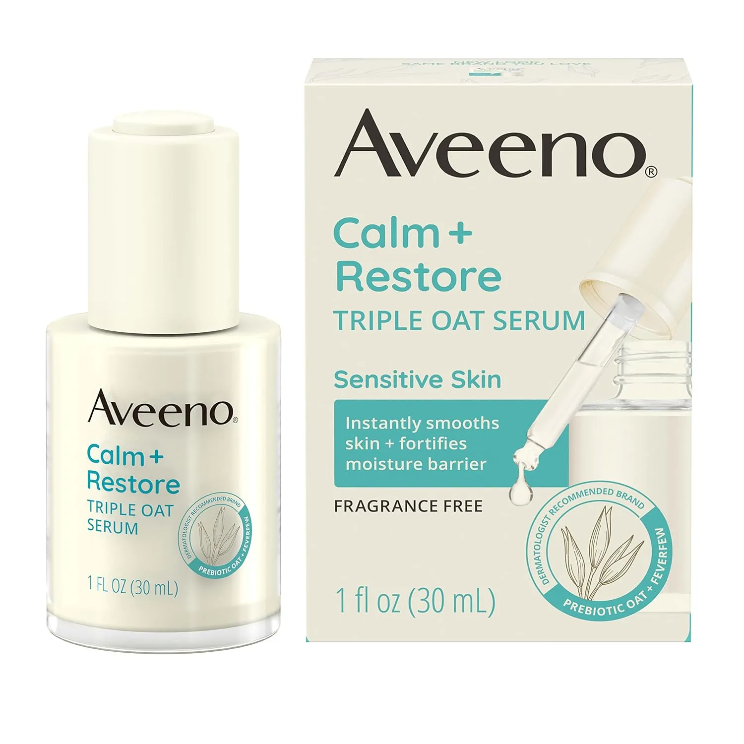 Aveeno Calm   Restore Triple Oat Hydrating Face Serum for Sensitive Skin, Gentle, Lightweight Facial Serum Instantly Smooths Skin, Fast-Absorbing, Hypoallergenic & Fragrance-Free, 1 fl. oz