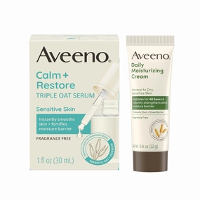 Aveeno Calm   Restore Triple Oat Hydrating Face Serum for Sensitive Skin, Hypoallergenic & Fragrance Free Facial Serum, 1 fl. Oz & Trial Size Daily Moisturizing Cream for Body, Face, & Hands, 0.8 oz