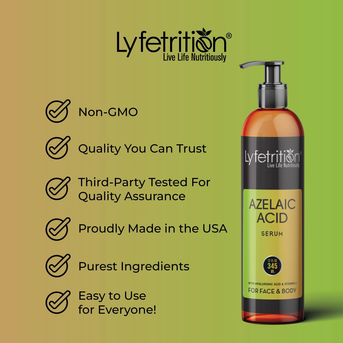 Azelaic Acid Serum with Hyaluronic Acid | Natural Face Serum with Vitamin C & Aloe Vera (12 Fl Oz), Clear, (Lyfe9080)
