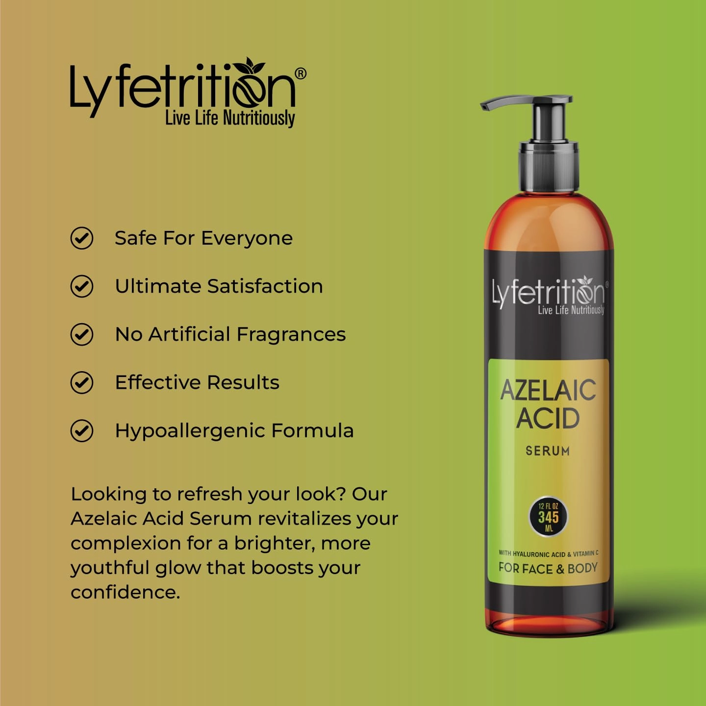 Azelaic Acid Serum with Hyaluronic Acid | Natural Face Serum with Vitamin C & Aloe Vera (12 Fl Oz), Clear, (Lyfe9080)