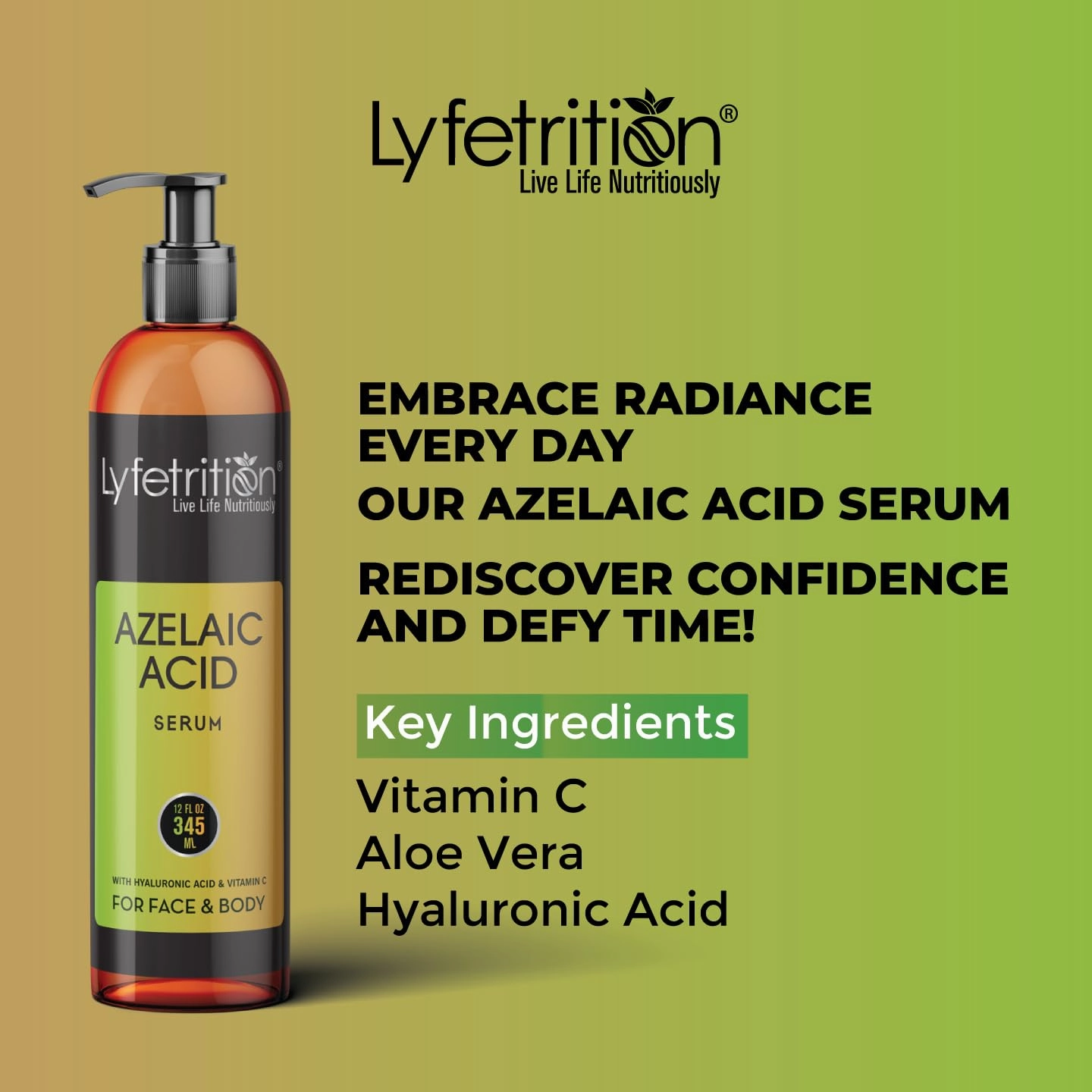 Azelaic Acid Serum with Hyaluronic Acid | Natural Face Serum with Vitamin C & Aloe Vera (12 Fl Oz), Clear, (Lyfe9080)