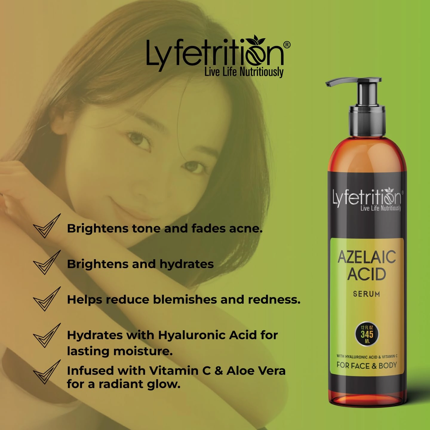 Azelaic Acid Serum with Hyaluronic Acid | Natural Face Serum with Vitamin C & Aloe Vera (12 Fl Oz), Clear, (Lyfe9080)