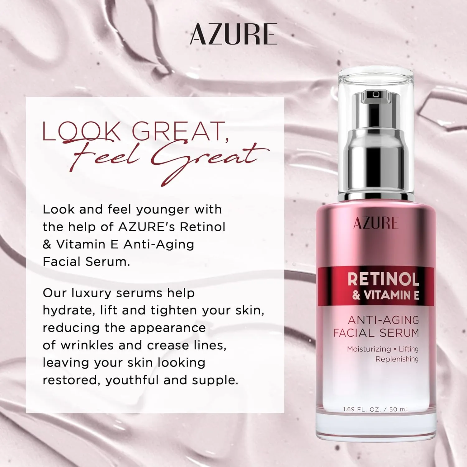 AZURE Retinol & Vitamin E Anti Aging Facial Serum - Lifting, Replenishing & Moisturizing Face Serums - Reduces Wrinkles, Fine Lines & Creases - Made in Korea - Each 50mL / 1.69 fl.oz - 2 Pack