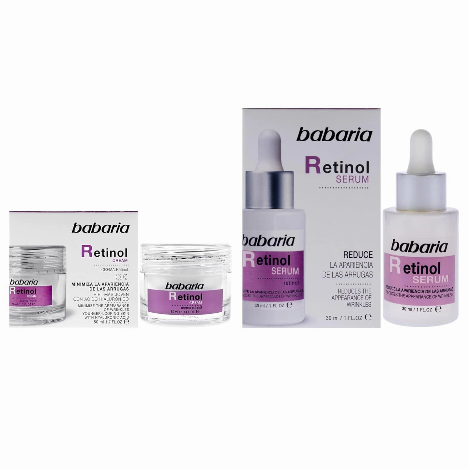 Babaria Retinol Face Kit for Women - 2 Pc Kit 1.7oz Rejuvenator Cream, 1oz Serum
