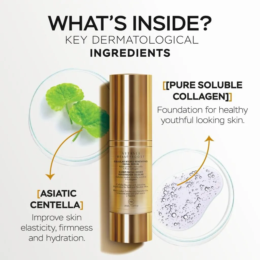 Beauty Boost Facial Serum, Anti Aging Cellular Hydro-Renewing Night Serum W/Cotton Stem Cells & Collagen for Women & Men, Hydrating Face Oil Moisturizer for Fine Lines & Wrinkles, 30 ml