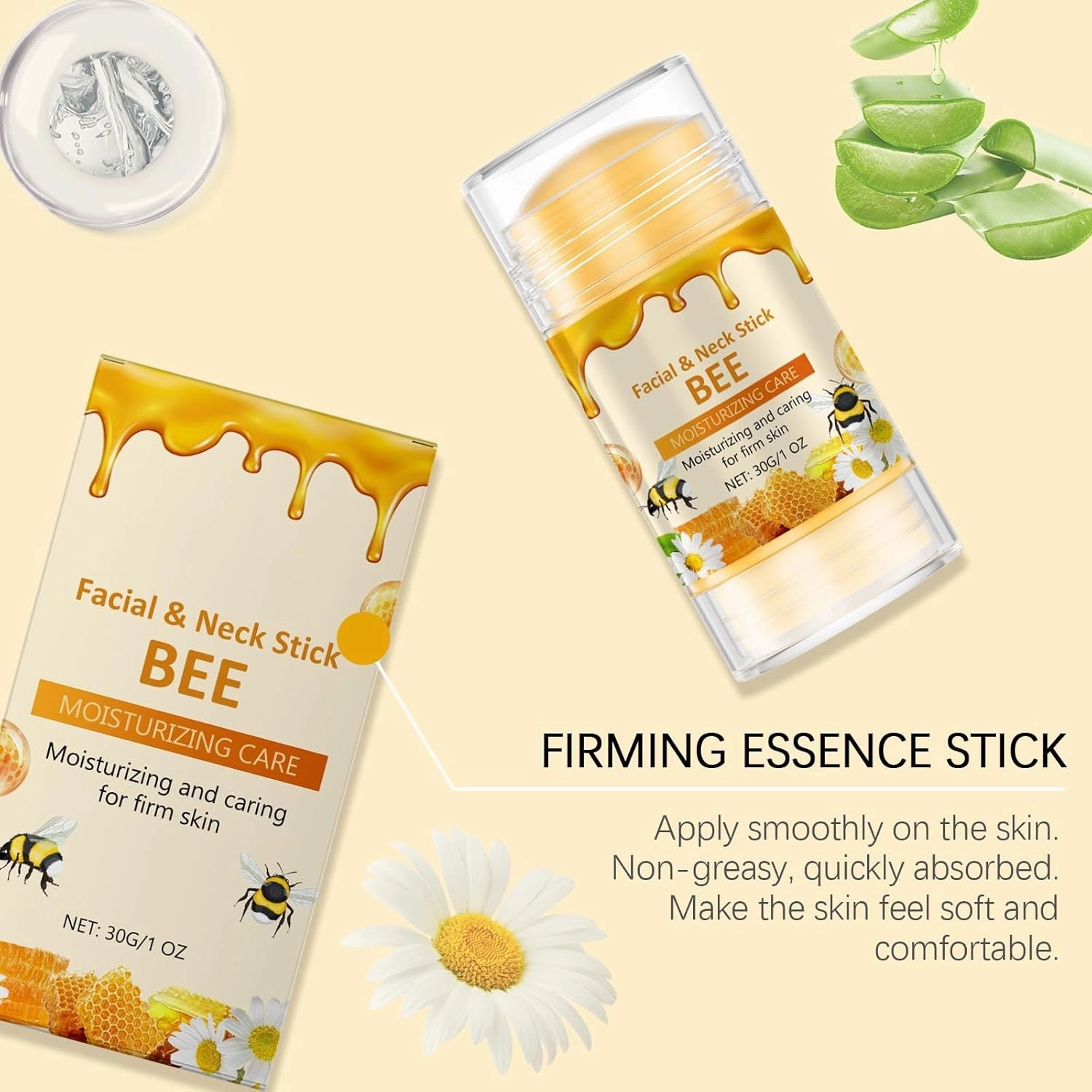 Bee Facial and Neck Stick, Bee Essence Firming Serum Stick, Advanced Firming and Wrinkle Reducing Cream, Restore Skin Elasticity, Moisturizing, Lifts, Plumps, for All Skin Types (3 Pcs)