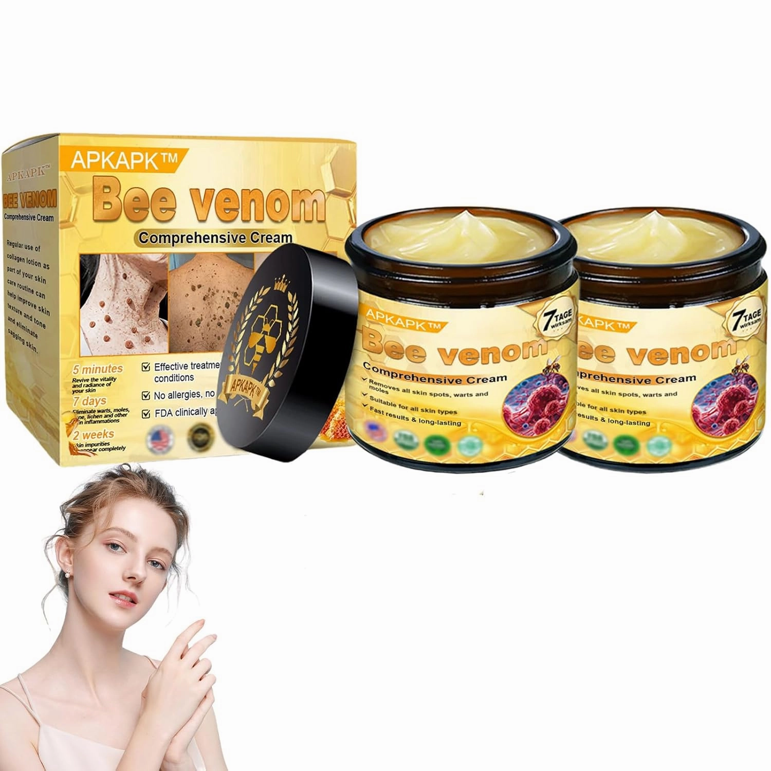 Bee Venom Comprehensive Cream, Professional bee venom cream for Removing and Repair, APKAPK Bee Venom Skin Treatment Cream, Natural Serum Suitable for All Skin Types (2 Pack)