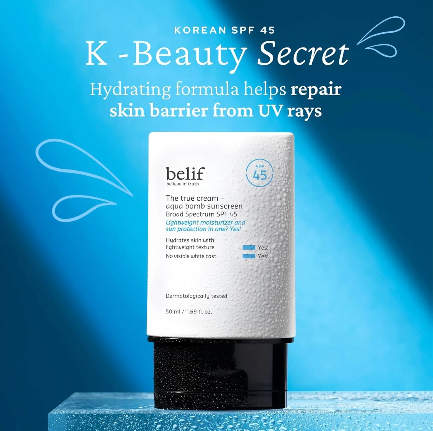 belif Aqua Bomb SPF 45 Hydrating Niacinamide Sunscreen (1.69 fl. oz) - The True Cream PA    , Daily Broad Spectrum, No White Cast, Weightless & Invisible, Non-Greasy, Korean Skincare