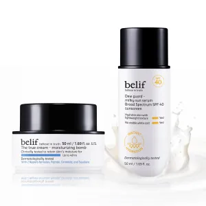 belif Ceramide & Sun Serum Duo – Moisturizing Bomb 50ml  Milky Sun Serum SPF 40 | 48hr Hydration, Barrier Repair, Lightweight UV Defense, Korean Skincare Set