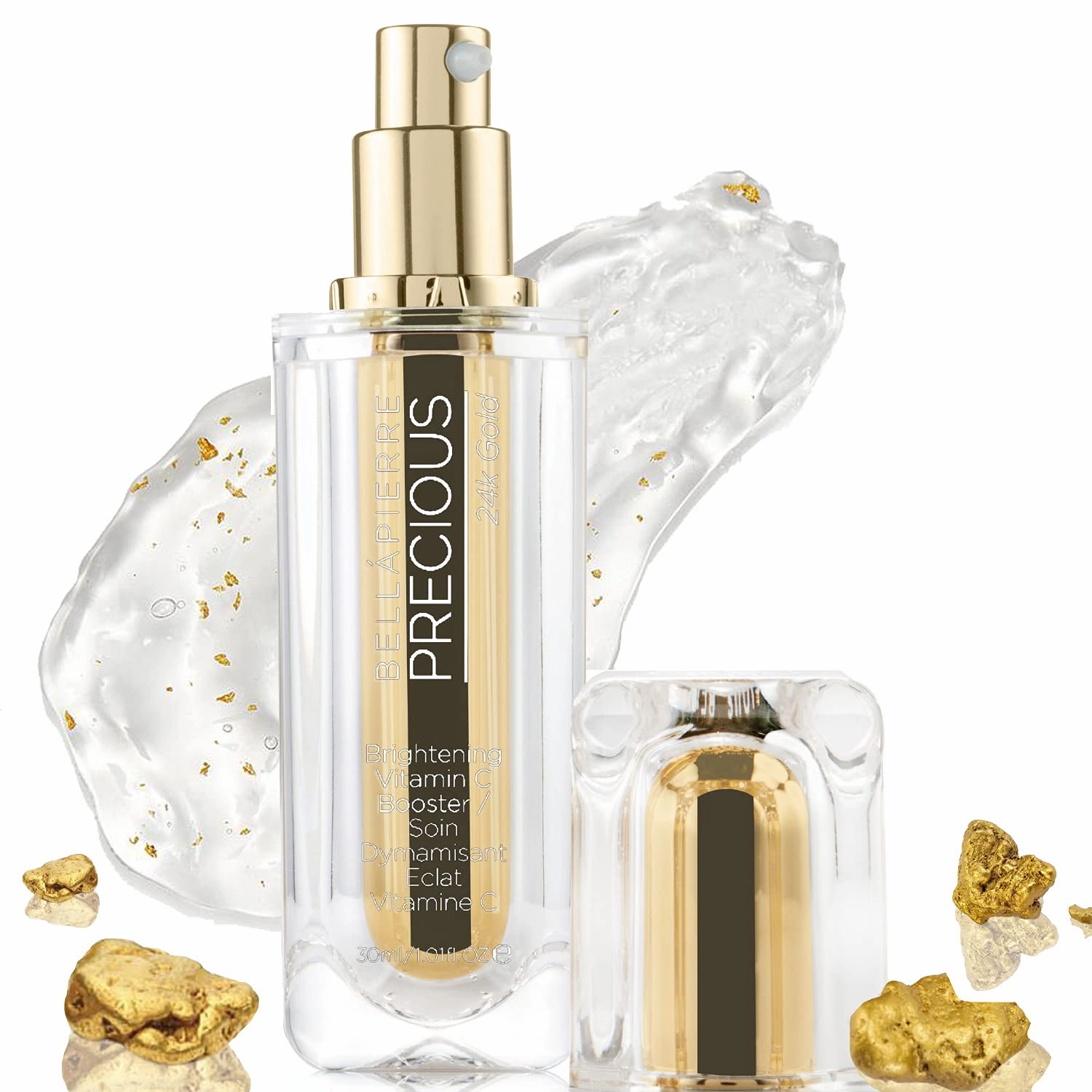 Bellapierre Precious 24k Gold Serum & Brightening Vitamin C Booster for Face & Eyes | All Natural Formula with Caffeine to Brighten & Rejuvenate Dull Skin - 30ml