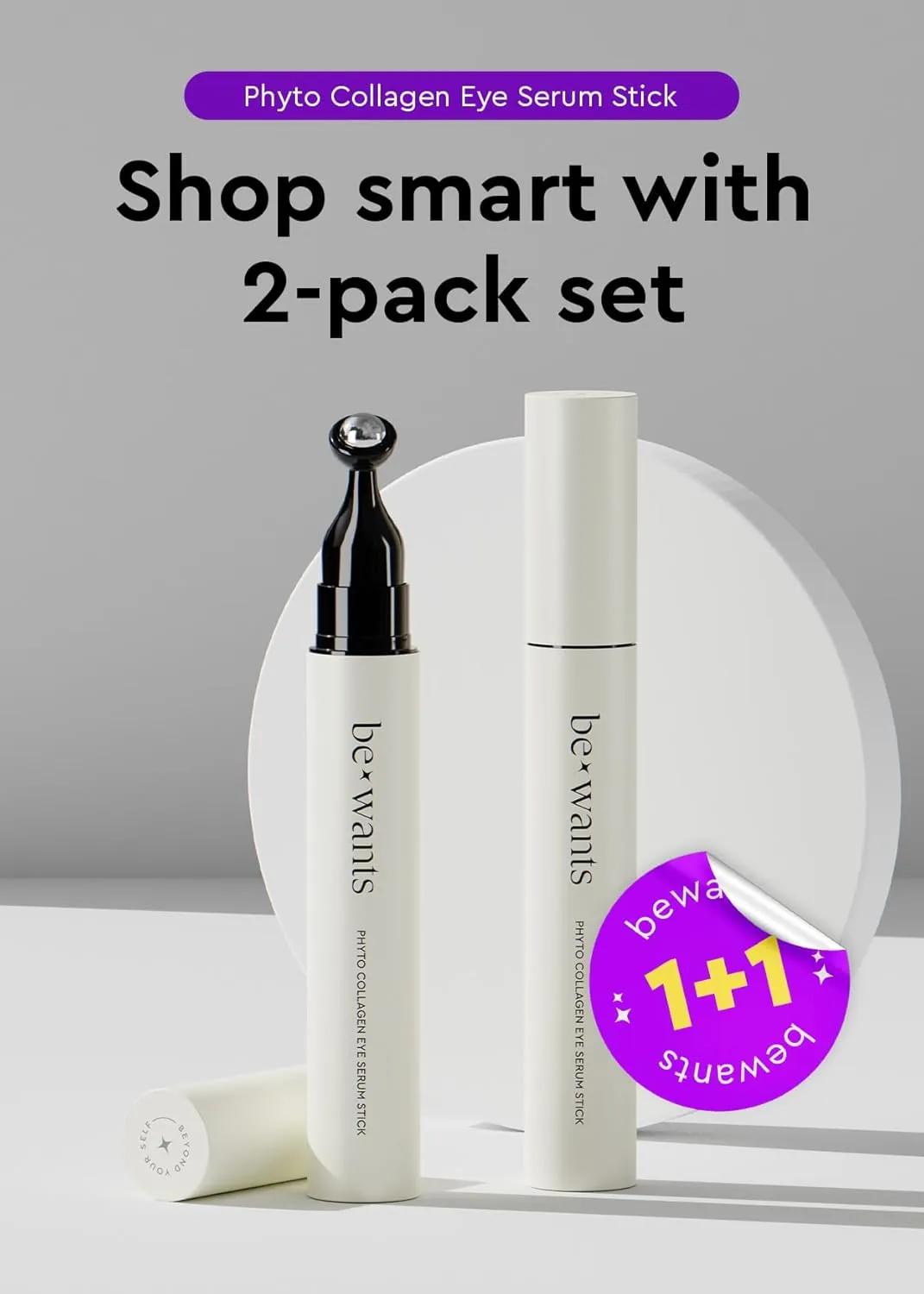 Bewants Instant Eye Bag Remover, Phyto Collagen Roll-On Serum Stick – Refreshing Under Eye Massage with 61% Bamboo Water & 10% Phyto Collagen (2 Pack)