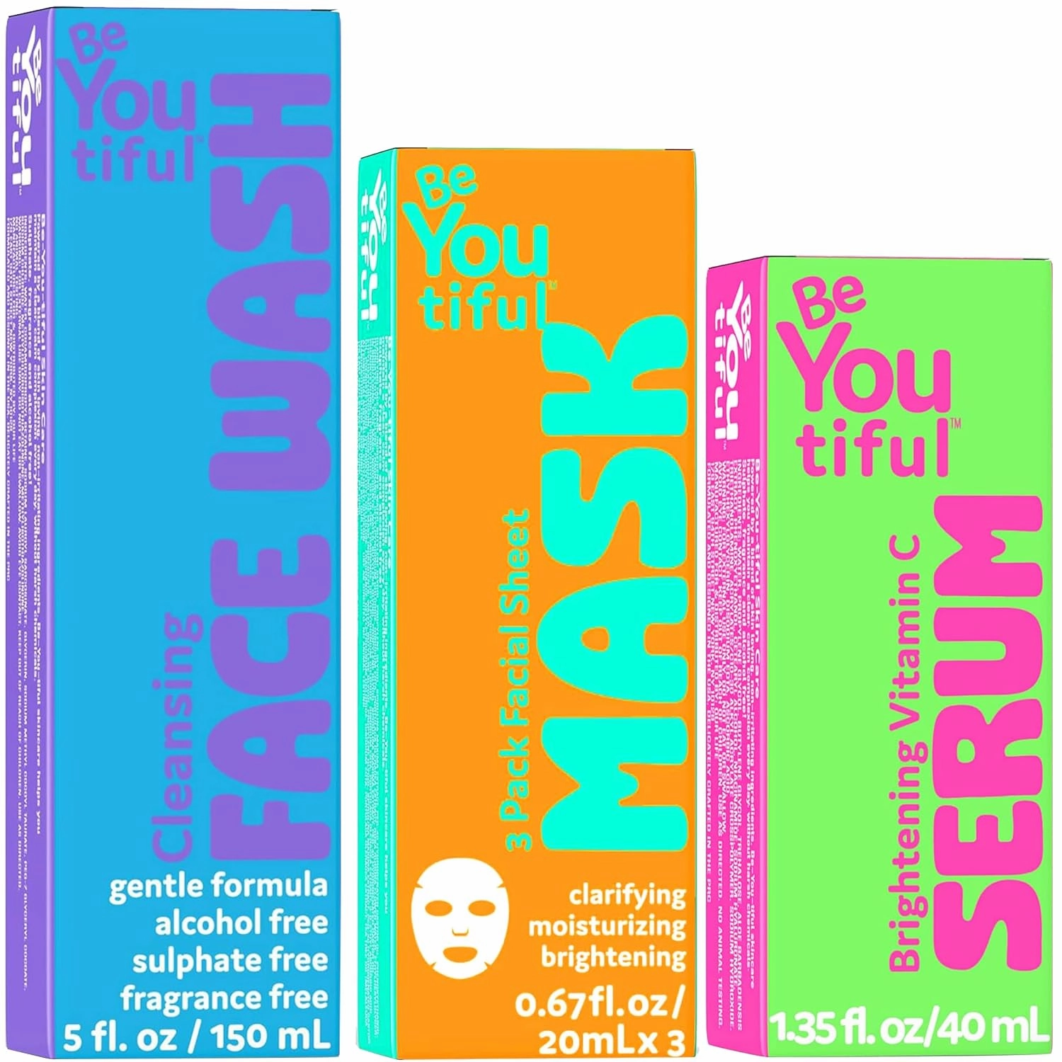 BeYoutiful 3-Piece Skincare Bundle for Kids & Teens – Face Mask Set (3ct), Vitamin C Brightening Serum (1.35oz), and Gentle Face Wash (5oz) – Preppy Skincare for Boys & Girls Ages 8–17