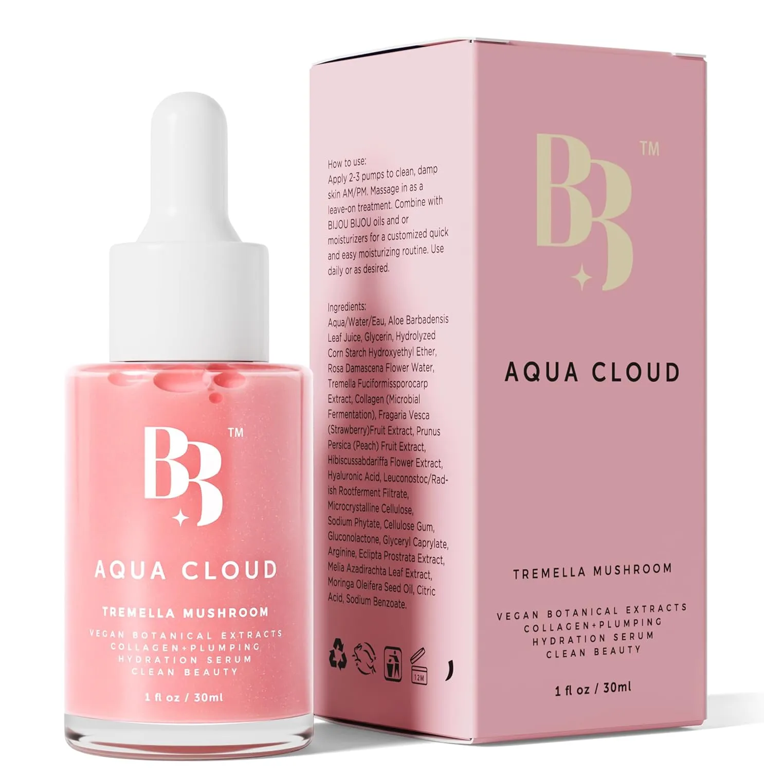 BIJOU BIJOU Aqua Cloud Serum - Natural Kbeauty Tremella Mushroom & Hyaluronic Acid Serum, Firming & Hydrating Face Moisturizer, Vegan Collagen, Reduces Fine Lines & Wrinkles, All Skin Types, 1 oz