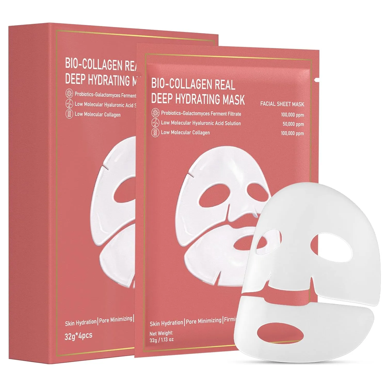 Bio-Collagen Real Deep Mask, 4 Pack Overnight Hydrating Face Mask for All Skin Types,Original Hydrating Collagen Face Mask