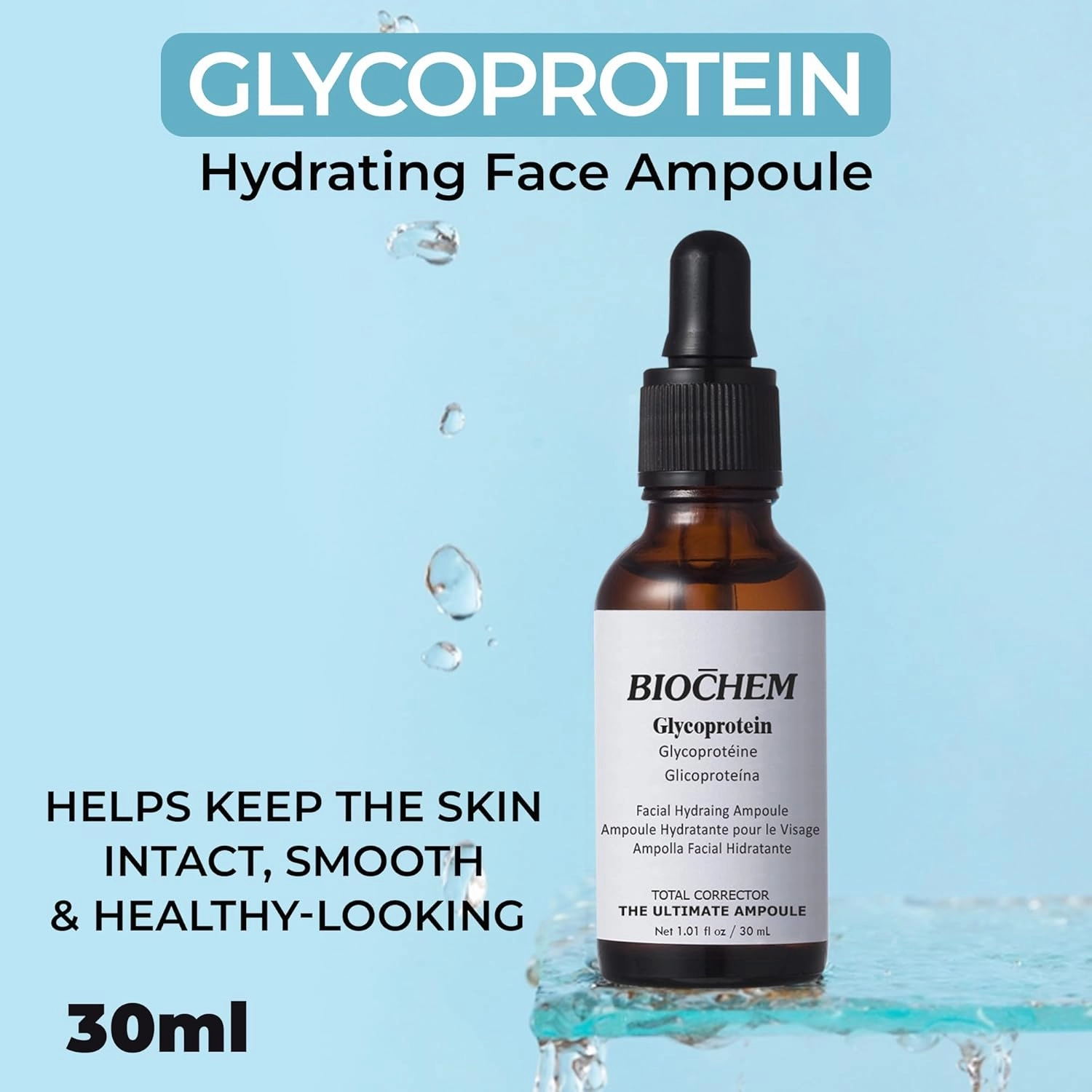 BIOCHEM Glycoprotein Hydrating Serum Ampoule – Deep Moisture   Skin Repair with Marine Glycoproteins & Hyaluronic Acid – Anti‑Aging Plumping Facial Serum, Sensitive Skin Safe, 1.01 fl oz / 30 mL