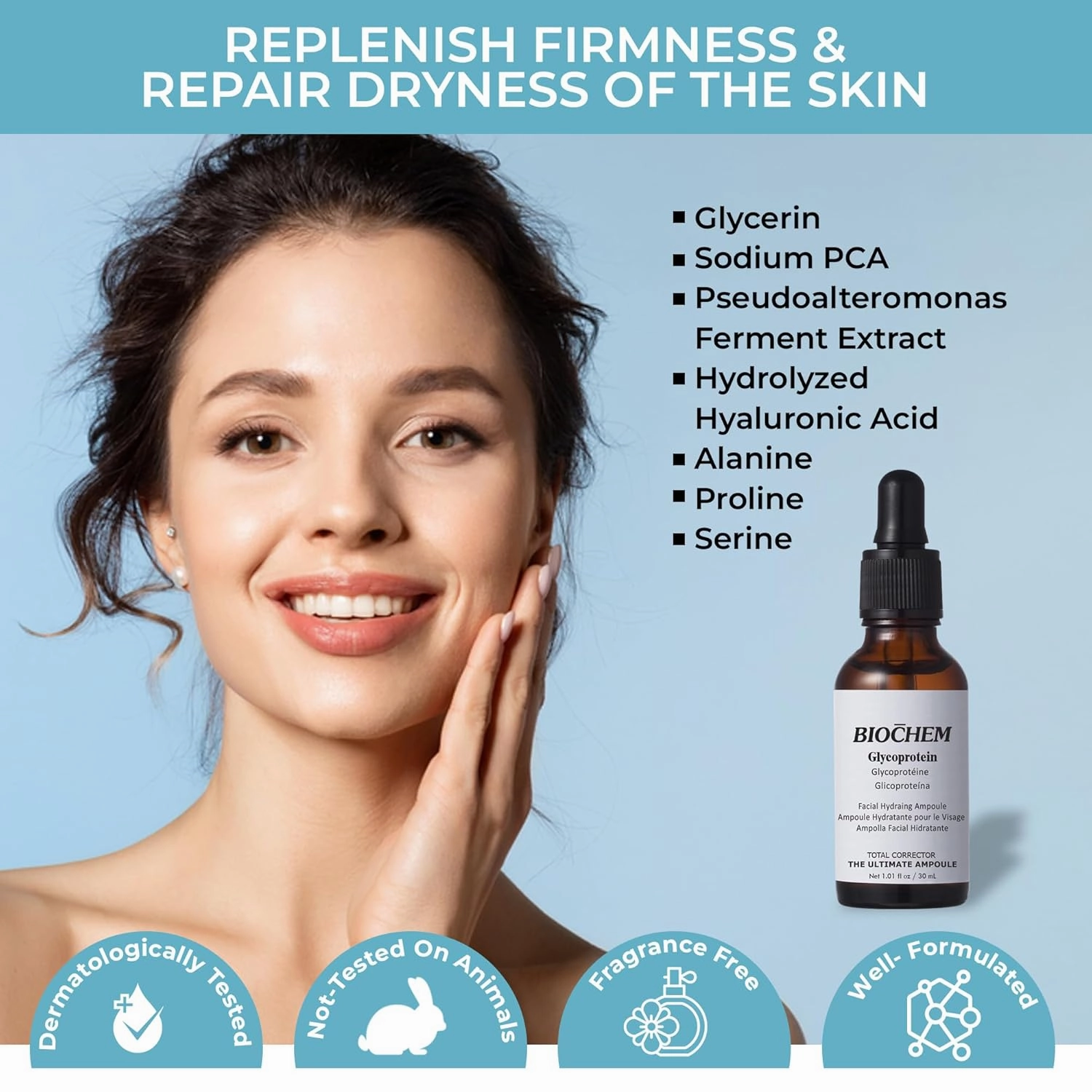 BIOCHEM Glycoprotein Hydrating Serum Ampoule – Deep Moisture   Skin Repair with Marine Glycoproteins & Hyaluronic Acid – Anti‑Aging Plumping Facial Serum, Sensitive Skin Safe, 1.01 fl oz / 30 mL