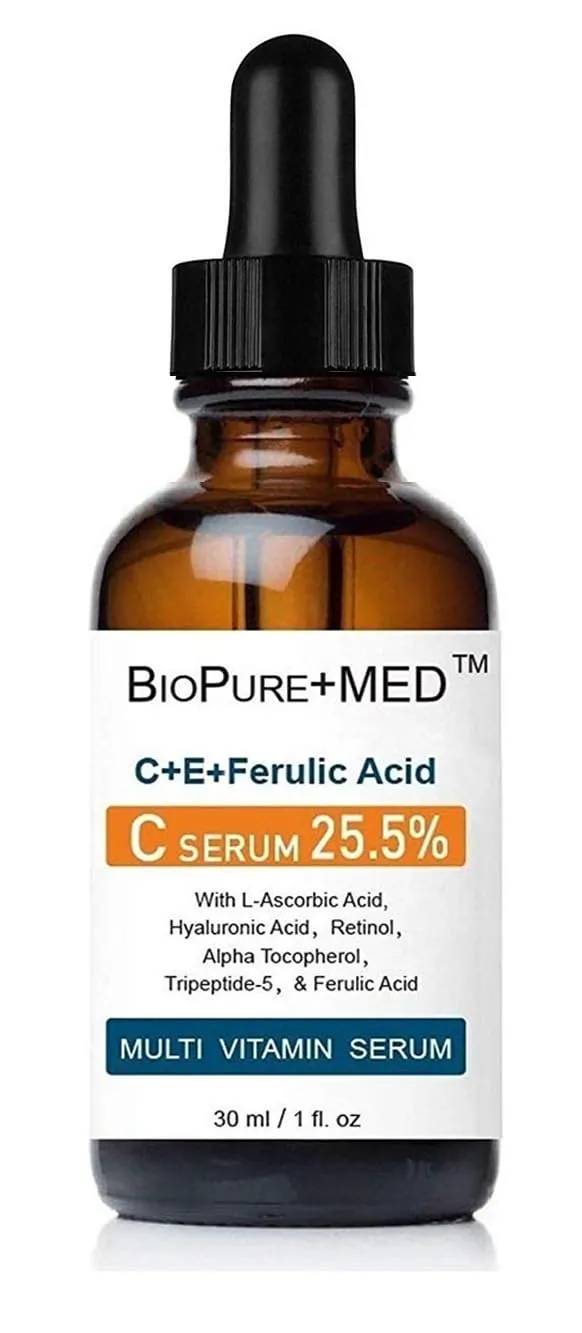 BioPureMED 25% Vitamin CE Ferulic Acid Serum for Face: Anti Wrinkle Serum with Tripeptide-5, Retinol 22, Hyaluronic Acid Best Organic Korean Skin Care Formula Vitamin C Serum/Face Moisturizer