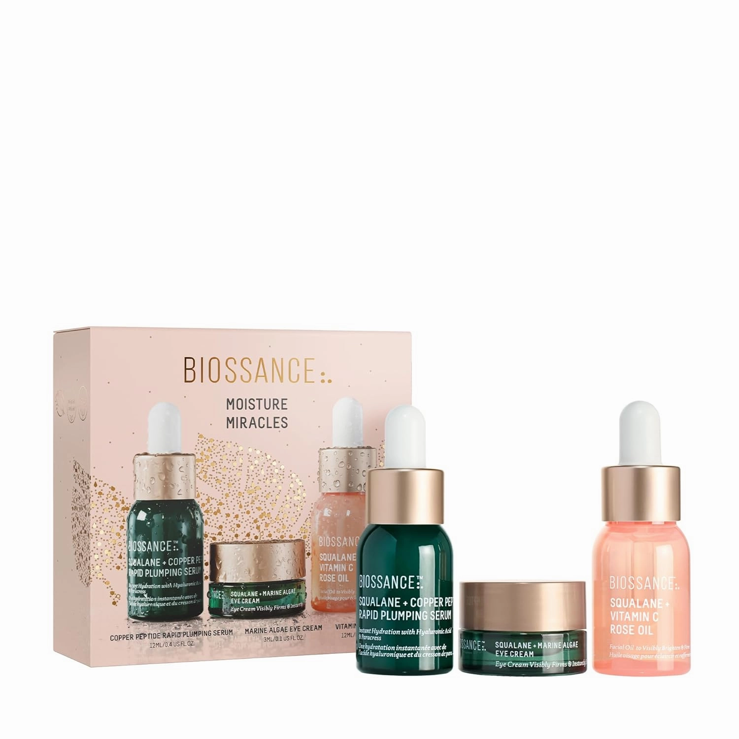 Biossance, Moisture Miracles Holiday Gift Set, Vitamin C Rose Oil, Marine Algae Eye Cream, Copper Peptide Rapid Plumping Serum, facial skincare set
