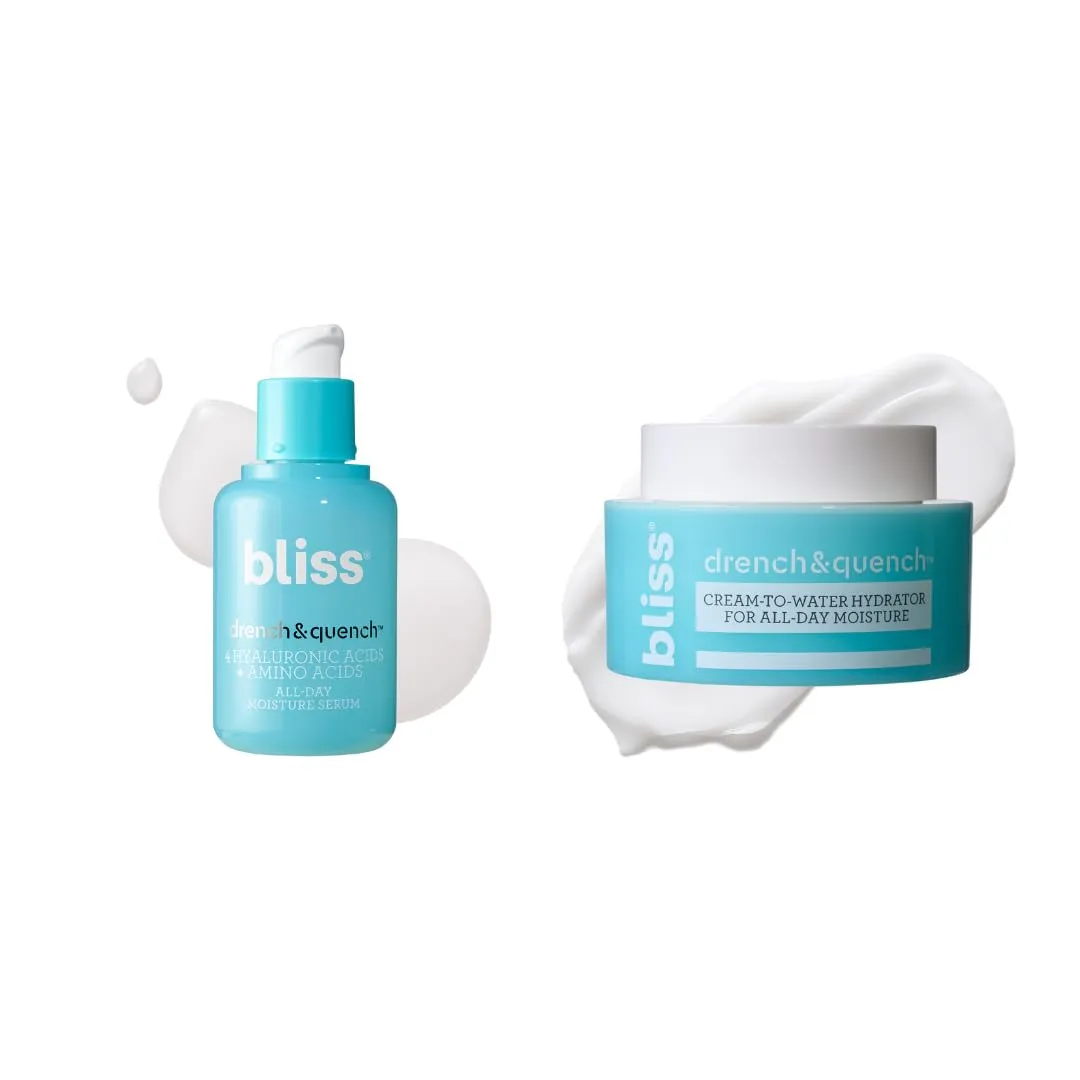 Bliss Drench & Quench Hydrating Duo: Serum   Moisturizer with 4 Types of Hyaluronic Acid for Intense Hydration - Lightweight, For All Skin Types - Clean, Vegan, Cruelty-Free
