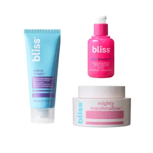 Bliss Facial Trio – Micro Magic Skin-Refining Face Scrub, Mighty Marshmallow Brightening Mask & Glow and Hydrate Serum - Exfoliating and Hydrating Skincare Routine