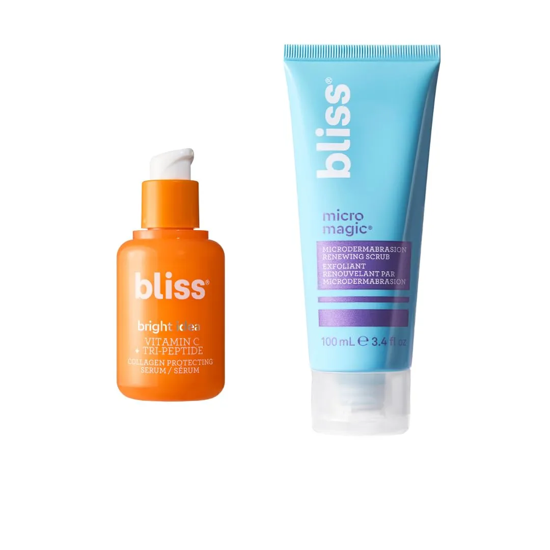 Bliss Glow Boost Skincare Duo – Micro Magic Skin-Refining Exfoliator & Bright Idea Vitamin C Serum – Face Scrub & Brightening Serum for Smooth, Radiant, Even-Toned Skin