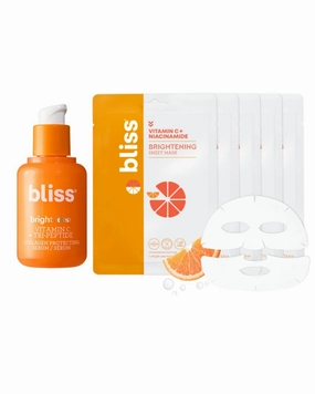 Bliss Vitamin C Glow Boosting Set – Bright Idea Serum with Tri-Peptides (1 oz)   5-Pack of Vitamin C-Infused Sheet Masks – Brightening & Hydrating Skincare for Radiant, Even-Toned Skin