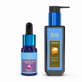 Blue Nectar Kumkumadi Face Oil for Radiant Skin with Natural Herbs (0.33 Fl Oz) & Honey Aloe Vera Detan Face Wash with Natural Vitamin E (3.38 Fl Oz)