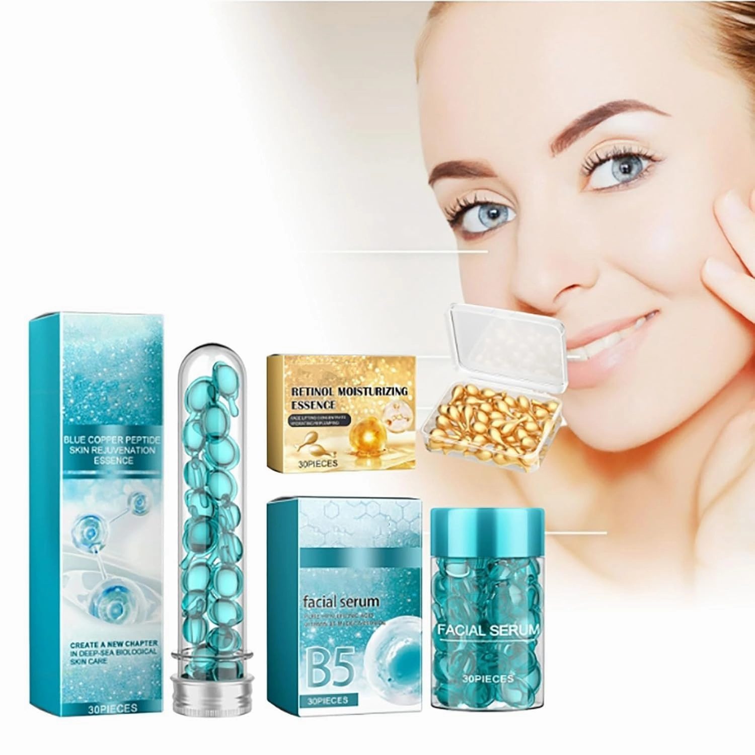 Blue Peptides Serum Copper Capsules - 30 Capsules, Glow Brightening Face Essence Emulsion Capsule, Tighten Skin, Brighten Skin Tone, Anti-Aging, Repairs Sun Damage & Hyaluronic Acid (01)