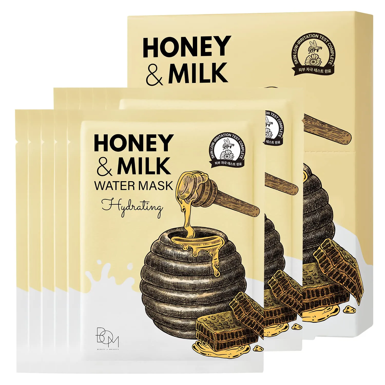 bom Honey Milk Water Face Mask 10 Pack Deep Hydrating Nourishing Facial Sheet Masks with Honey and Milk Complex, Aquaxyl