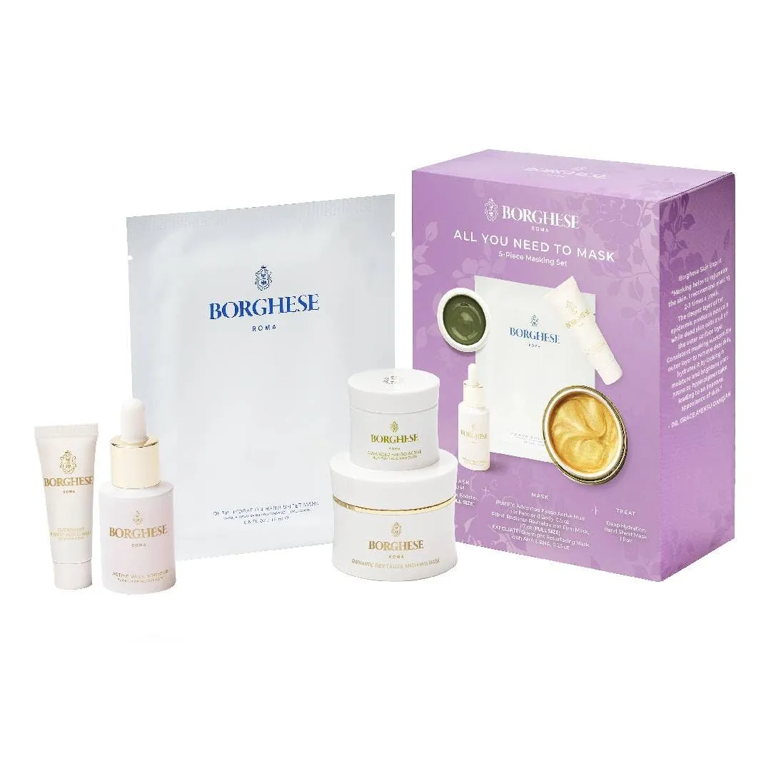 Borghese 5-Piece All You Need to Mask Gift Set - Includes Mask Booster Serum, Mud Mask, Firming Mask, AHA BHA Overnight Mask, & Hand Sheet Masks