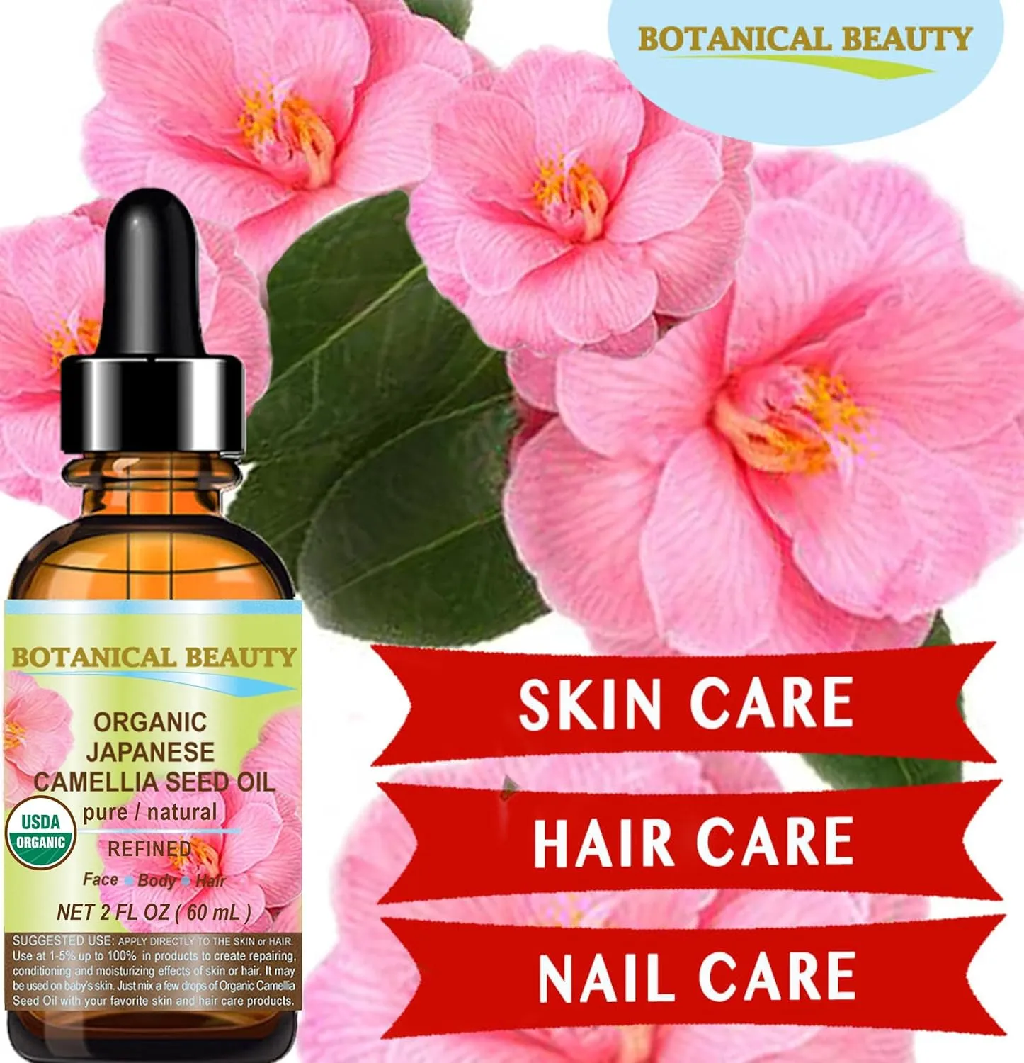 Botanical Beauty Japanese ORGANIC CAMELLIA Seed Oil. 100% Pure Natural Undiluted Refined Cold Pressed Carrier Oil to revitalize and rejuvenate the hair, skin and nails. 1 Fl. oz 30 ml