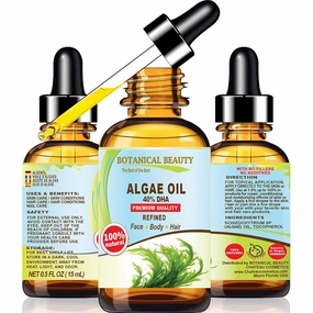 Botanical Beauty ALGAE OIL Omega 3 Oil 40% DHA, 100% Natural for FACE, SKIN, BODY, HAIR, NAILS 0.5 Fl.oz.- 15 ml Skin Moisturizer Oil, Skin Nourishing Oil