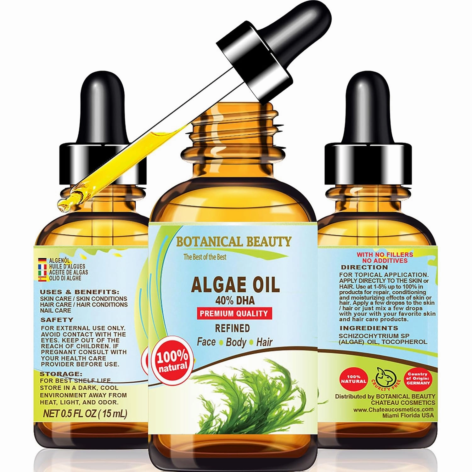 Botanical Beauty ALGAE OIL Omega 3 Oil 40% DHA, 100% Natural for FACE, SKIN, BODY, HAIR, NAILS 0.5 Fl.oz.- 15 ml Skin Moisturizer Oil, Skin Nourishing Oil
