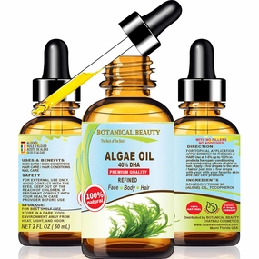 Botanical Beauty ALGAE OIL Omega 3 Oil 40% DHA, 100% Natural for FACE, SKIN, BODY, HAIR, NAILS 2 Fl.oz.- 60 ml Skin Moisturizer Oil, Skin Nourishing Oil