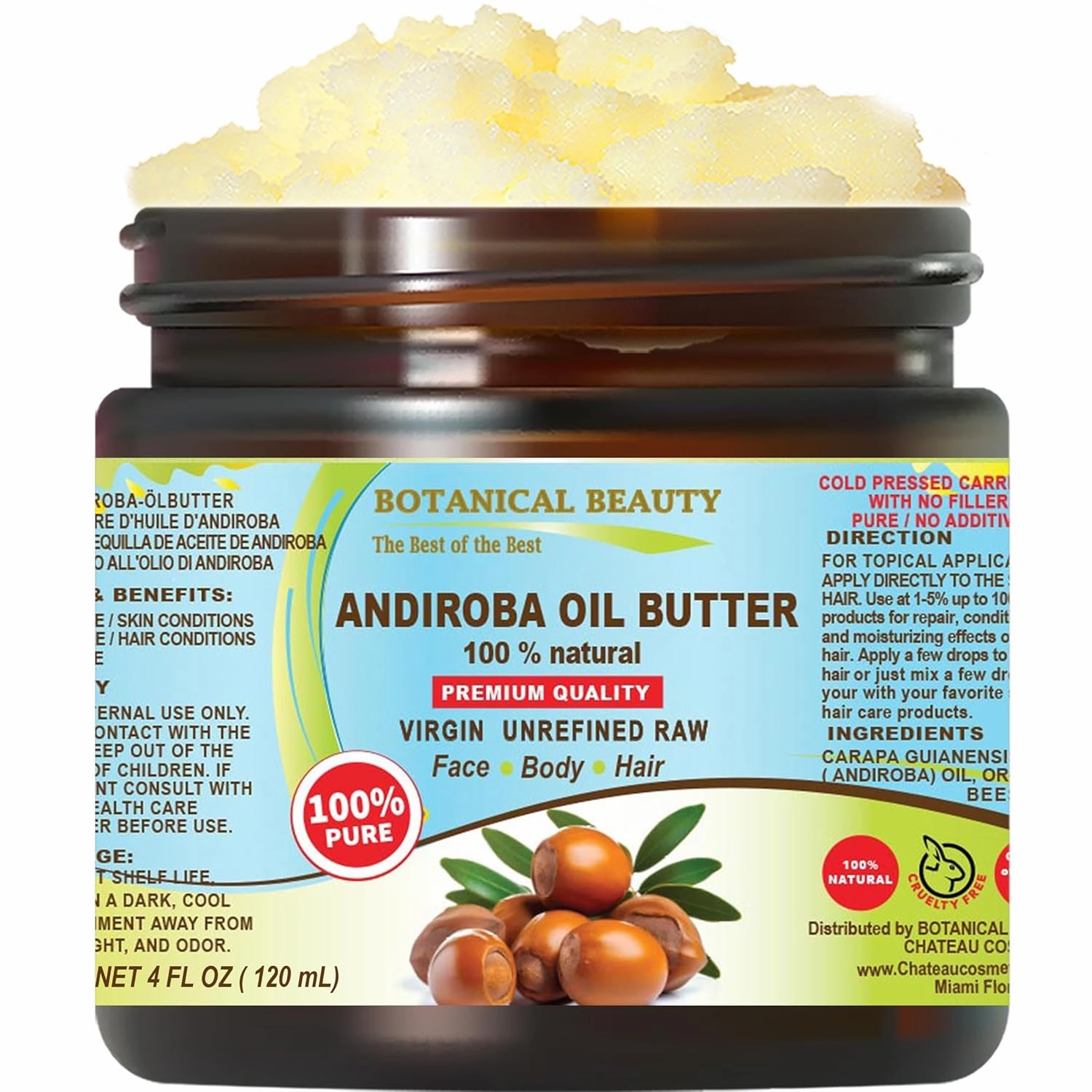 Botanical Beauty Andiroba Oil Butter Raw Pure Natural VIRGIN UNREFINED Cold-Pressed 4 Fl oz 120 ml for Face, Skin, Body, Hair, Lip, Nails. Rich in Vitamin E, Vitamin C