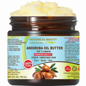 Botanical Beauty Andiroba Oil Butter Raw Pure Natural VIRGIN UNREFINED Cold-Pressed 4 Fl oz 120 ml for Face, Skin, Body, Hair, Lip, Nails. Rich in Vitamin E, Vitamin C