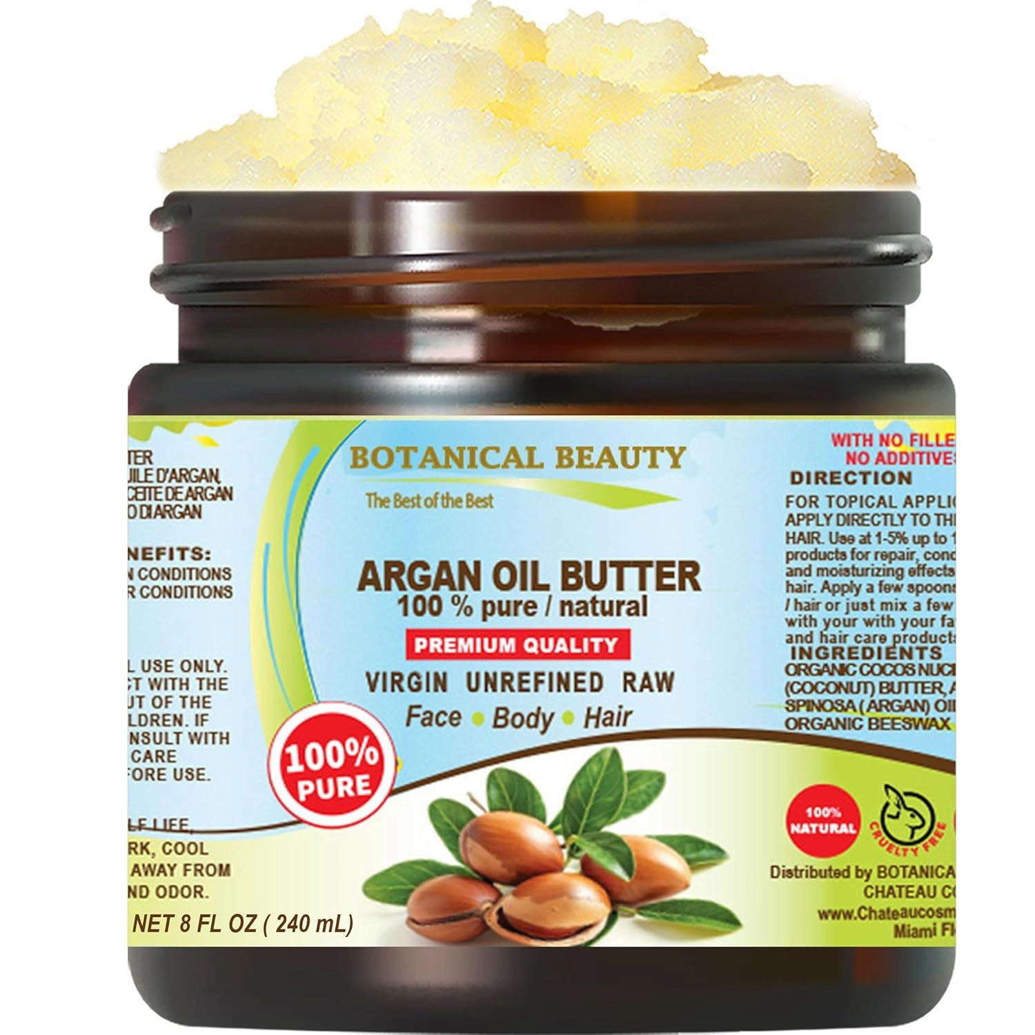 Botanical Beauty ARGAN OIL BUTTER RAW 100% Pure Natural VIRGIN UNREFINED Cold-Pressed 8 Fl oz 240 ml for Face, Skin, Body, Hair, Lip, Nails. Rich in Vitamin E