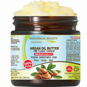 Botanical Beauty ARGAN OIL BUTTER RAW 100% Pure Natural VIRGIN UNREFINED Cold-Pressed 8 Fl oz 240 ml for Face, Skin, Body, Hair, Lip, Nails. Rich in Vitamin E