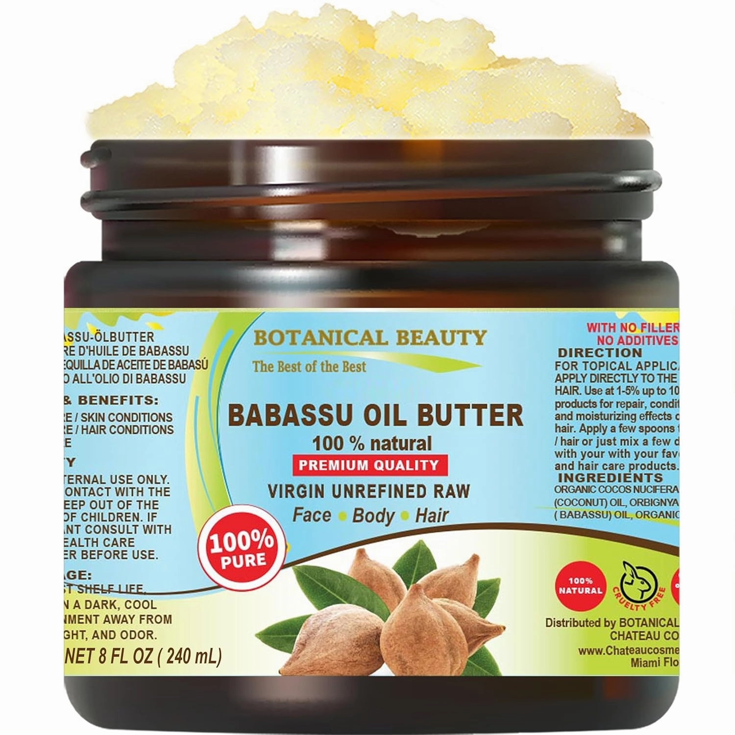 Botanical Beauty BABASSU OIL BUTTER Pure Natural VIRGIN UNREFINED RAW Cold-Pressed 8 Fl oz 240 ml for Face, Skin, Body, Hair, Lip, Nails. Rich in Vitamin E, Vitamin C