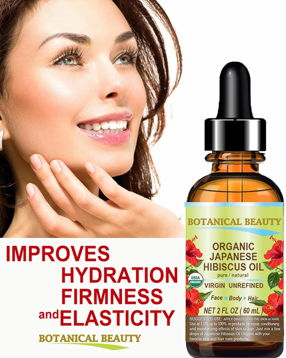 Botanical Beauty Organic HIBISCUS OIL (Hibiscus Sabdariffa) JAPANESE 100 Pure Natural VIRGIN UNREFINED COLD PRESSED Anti Aging, Vitamin E oil for FACE, SKIN, HAIR GROWTH 2 Fl.oz.- 60 ml