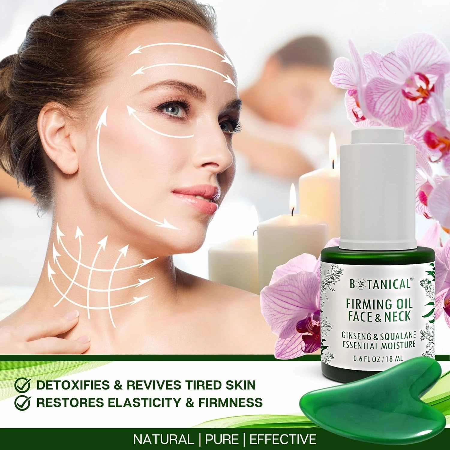 Botanical Essential Moisture Oil for Face & Neck Firming Serum | Anti-Wrinkle Ginseng & Squalane Serum w/Gua Sha Lift Scraper | Organic, Pure, Natural Skincare (0.6 fl oz | 18 ml)