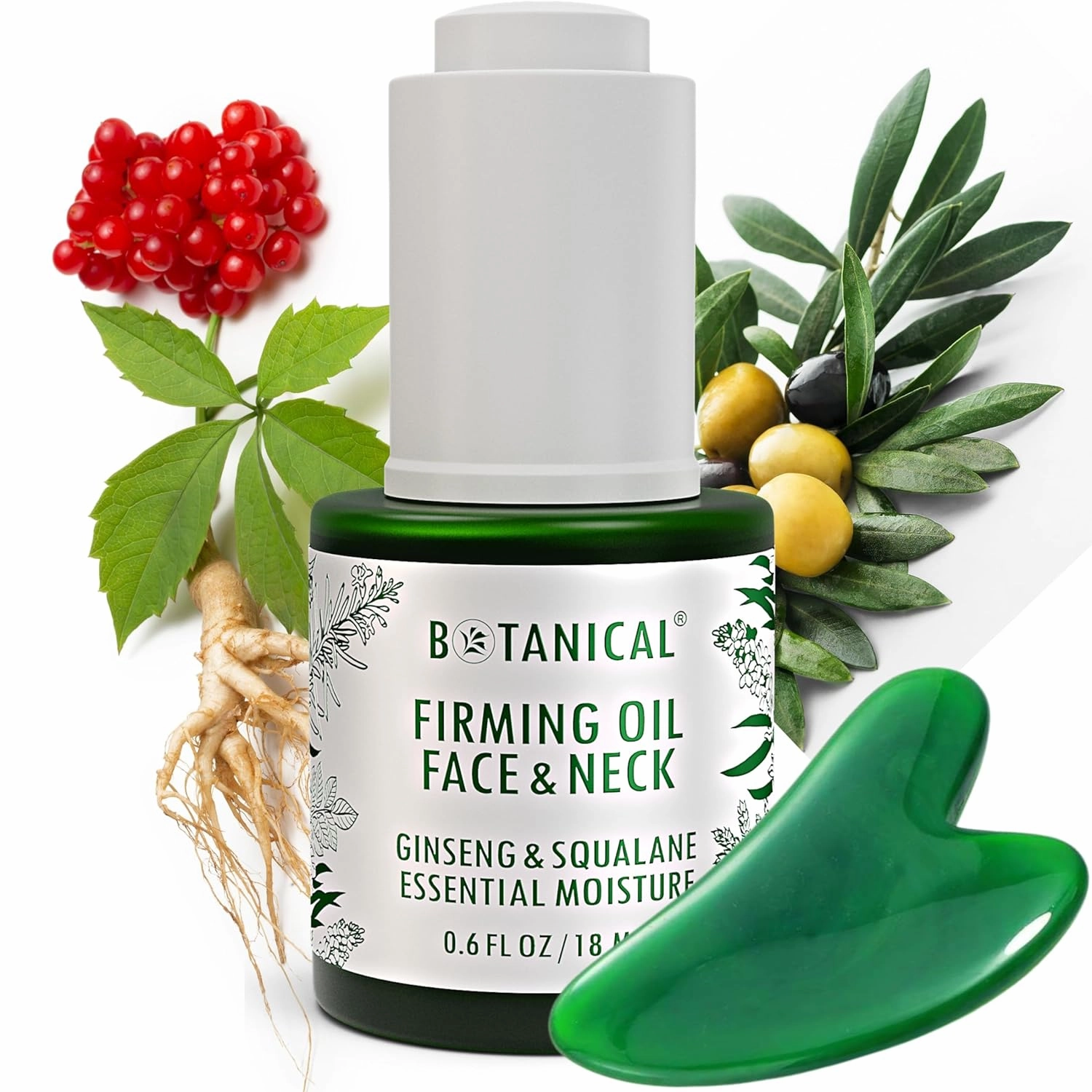 Botanical Essential Moisture Oil for Face & Neck Firming Serum | Anti-Wrinkle Ginseng & Squalane Serum w/Gua Sha Lift Scraper | Organic, Pure, Natural Skincare (0.6 fl oz | 18 ml)
