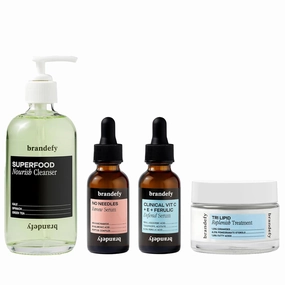 Brandefy Holiday Luxe Essentials Set - Superfood Nourish Cleanser, No Needles Renew Serum, Clinical Vit C   E   Ferulic Defend Serum and Tri Lipid Replenish Treatment